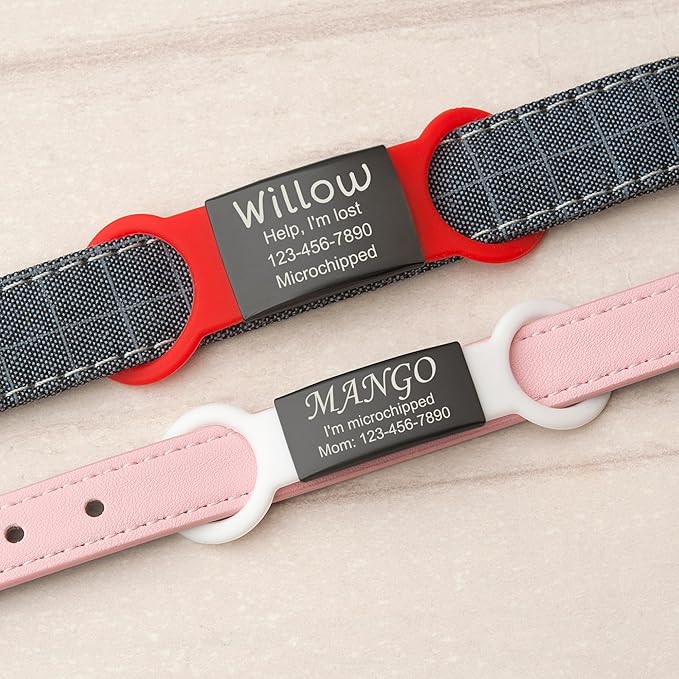Anavia Slide On Silent Pet ID Tags, S/M/L/XL Personalized Black Stainless Steel Colored Silicone Cat Dog Name Tag, Customized Engraved Nameplate, Quiet Chew-Proof Pet Collar Tag (Pink, Large)