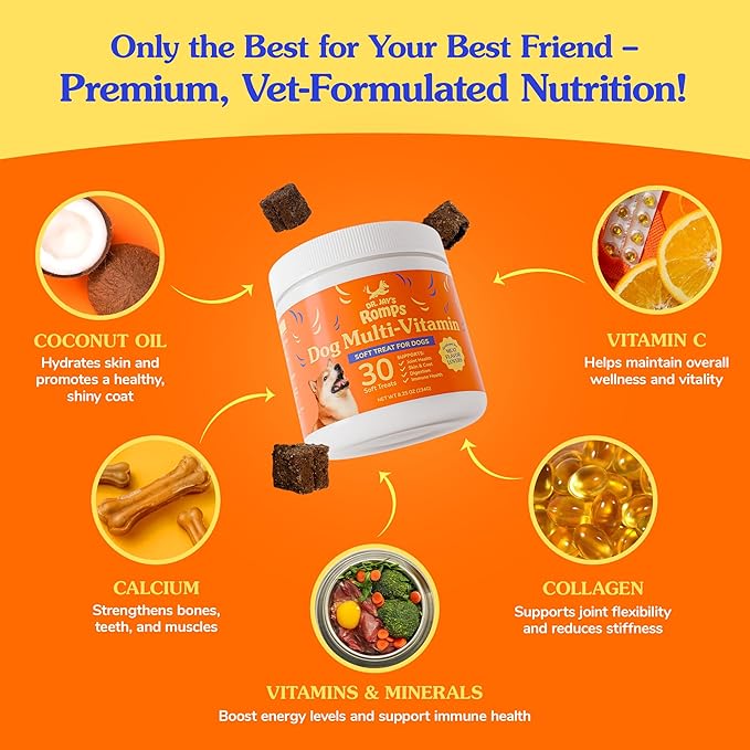 Dr Jay's Romps Multivitamins Dog Chews - Collagen Type II for Joint Health, Digestion, Skin & Coat - Vitamins and Supplements to Boost Immune System - Perfect Treats for Pets - 30 Count