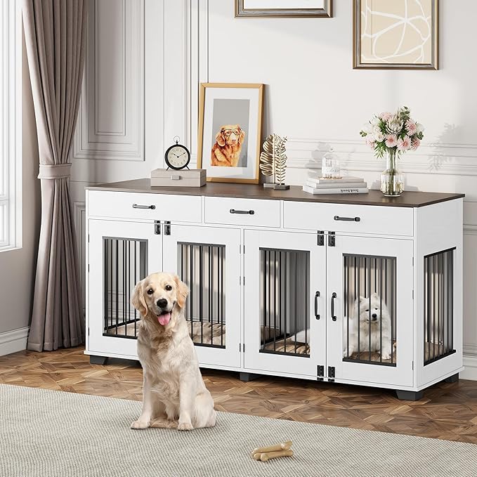 71 inch Dog Crate Furniture for 2 Dogs, Wooden Double Dog Crate with 3 Drawers and Removable Room Divider, XXL Indoor Dog Kennel TV Stand End Table with Double Doors for Large Medium Dogs, White