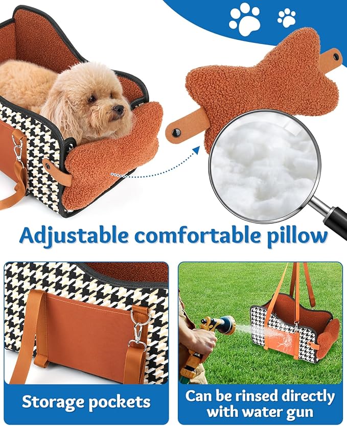 Center Console Dog Car Seat, Pet Car Seat, Armrest Middle Console Booster Travel Carrier for Small Dogs and Cats(Brown)