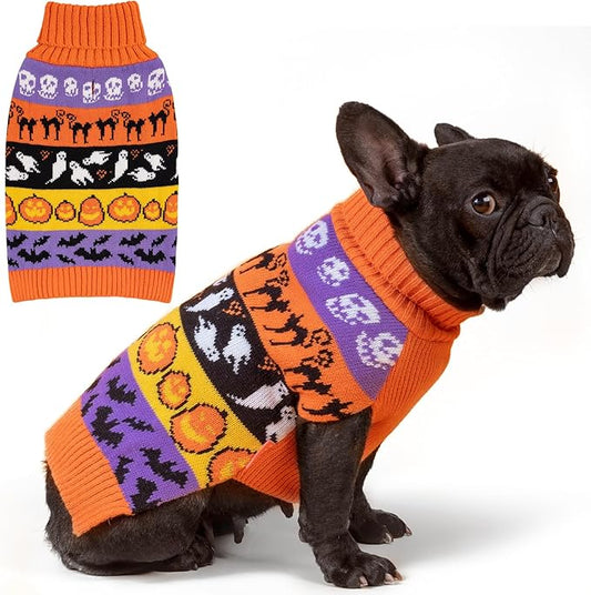 KYEESE Halloween Dog Sweater for Small Dogs Cute Pumpkin and Ghost Pattern Turtleneck Knitwear with Leash Hole Warm and Soft Dog Apparel Cozy Holiday Pet Outfit Comfortable Puppy Clothes, Small