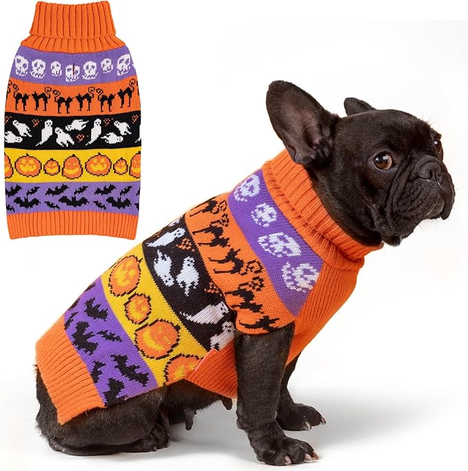 KYEESE Halloween Dog Sweater for Small Dogs Pumpkin and Ghost Patterned Knit Apparel with Turtleneck and Leash Hole Sweater Warm and Cozy Fall Costume Stretchable Winter Dog Apparel, Large