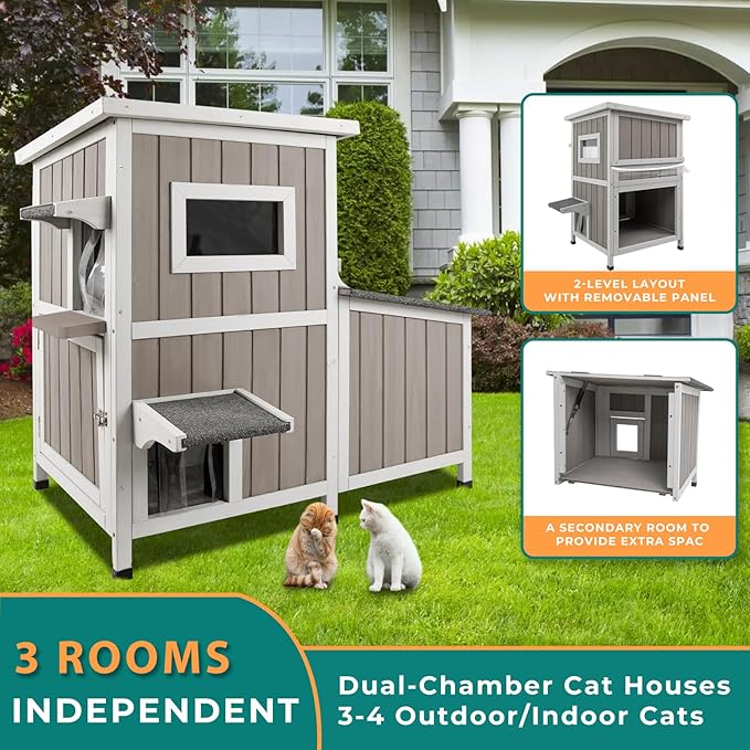 PetsCosset Cat Houses for Outdoor Cats Outside Feral Cat Shelter Weatherproof Wooden Cat Houses for 2-3 Cats with 3 Rooms 3 Escape Doors 2 Openable Asphalt Roofs