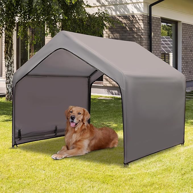 Summertrail Extra Large Dog House Outside, Dog Tent Outdoor, Big Dog Shade Shelter Doghouse Canopy, Water Resistant Dog shelter with Ground Nail, Gray Sun Rain Cover for Pet Cat Livestock 4'x 4'x 3.3