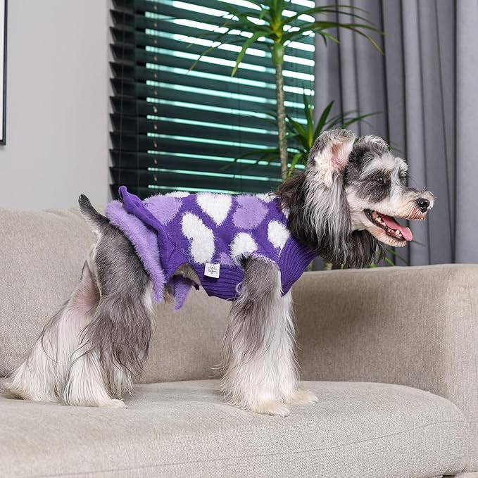 CuteBone Purple Heart Dog Sweater Dress for Small Dogs Girl, Soft and Stretchy Dog Sweater for Medium Large Dogs, Pullover Pet Winter Clothes Ruffle Dress Cat Apparel DS101XL