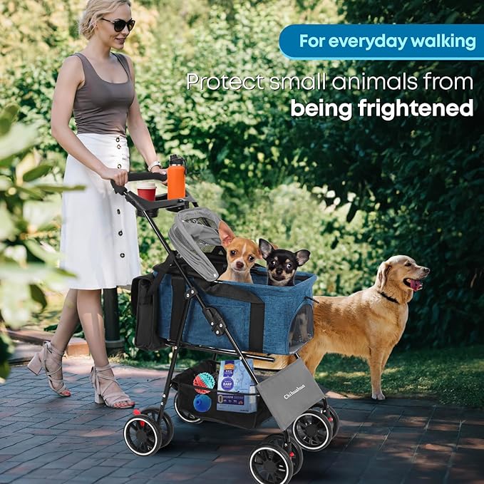 2-in-1 Foldable Pet Stroller with Canopy, 4 Wheels Pet Strolling Cart for Small/Medium Dogs and Cats with Removable Carrier,Breathable Mesh,Mom Tote Bag,Cup Holders,Easy Assembly,Grey+ Green