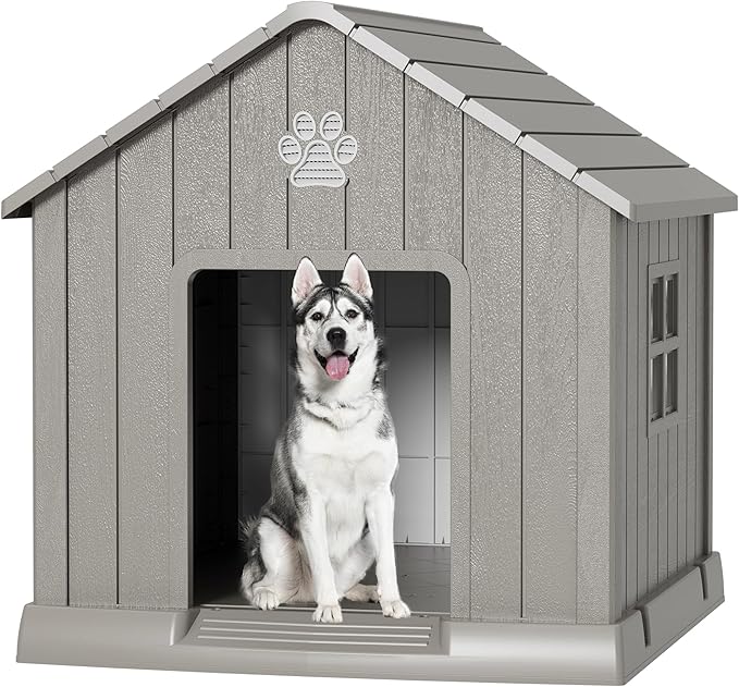 Dog House Outdoor Indoor - Waterproof, Ventilated, Easy to Clean, Elevated Floor for Small-Large Dogs, Easy to Assemble (Grey, 37.2" L x 40" W x 40" H)