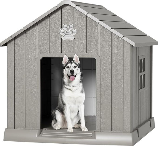 Dog House Outdoor Indoor - Waterproof, Ventilated, Easy to Clean, Elevated Floor for Small-Large Dogs, Easy to Assemble (Grey, 37.2" L x 40" W x 40" H)