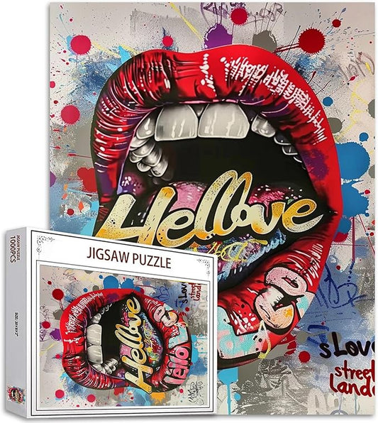 Street Graffiti Jigsaw Puzzle Love Sign Red Lips 1000 Piece Jigsaw Puzzles for Adults Challenging Family Activity Games Colorful DIY for Home Decor 20 x 27 Inch
