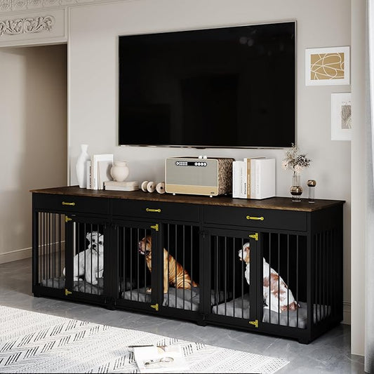 Dog Crate Furniture - Indoor Wooden Dog Kennel Crate Furniture with 2 Dividers, 3 Drawers, and 3 Lockable Doors - 95"x23.6"x31.5"H, Black