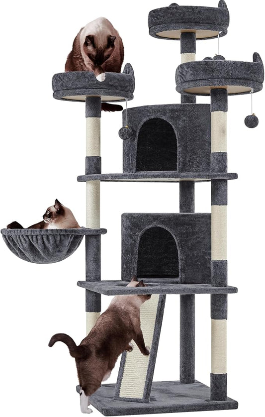 Yaheetech 68.5in Cat Tree for Large Cats, Multi-Level Cat Tower with 3 Wide Perches, Large Condo, Stable Pet Play House w/Sisal-Covered Scratching Posts & Board, Dark Gray