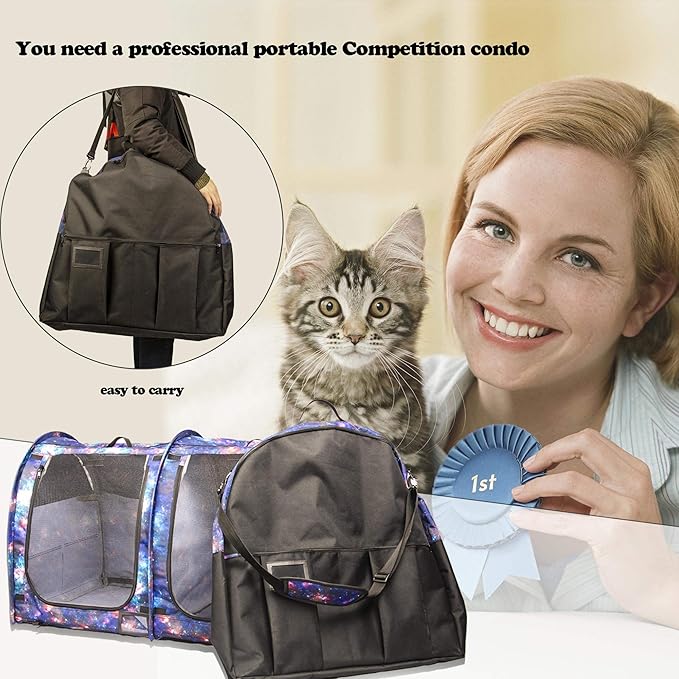 Mispace Portable Twin Compartment Show House Cat Cage/Condo - Easy to Fold & Carry Kennel - Comfy Puppy Home & Dog Travel Crate with Portable Carry Bag/Two Hammocks/Mats and Collapsible Litter Box