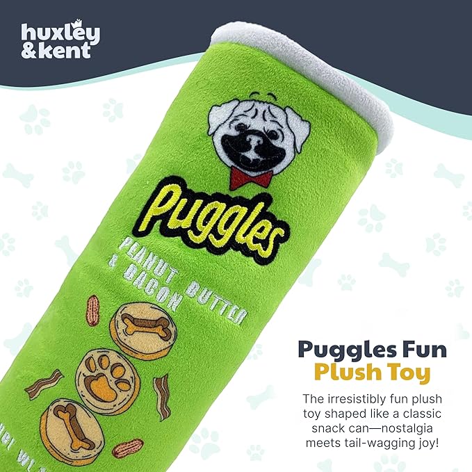 Huxley & Kent Funny Dog Toy w/Squeaker – Power Plush Squeaky Dog Toys for Small, Medium & Large Dogs – Soft Stuffed Animal for Indoor Play & Fetch - Puggles Can, Small