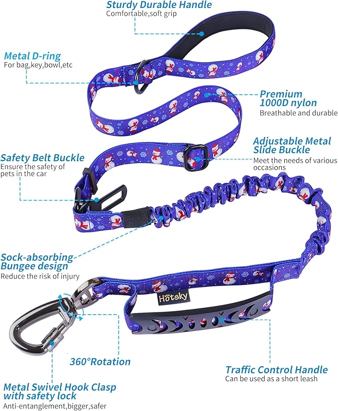 Hotsky Tactical Dog Leash Heavy Duty for Medium Large Dogs That Pull,4-6Ft Strong Bungee Shock Absorbing No Pull Dog Leash with Padded Double Handle and Car Seatbelt,Snowman