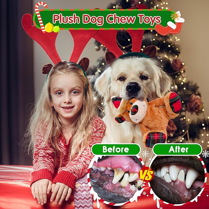 Christmas Dog Toys, Plush Squeaky Dog Toy with Crinkle Paper, Cute Christmas Puppy Toys with Cotton, Durable Interactive Dog Chew Toys for Puppy Small Medium Large Breed