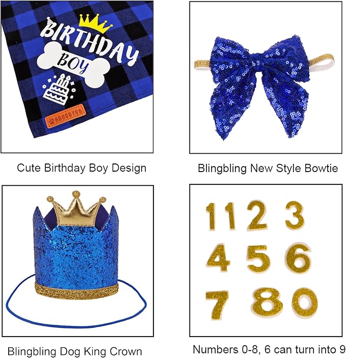 ADOGGYGO Dog Birthday Hat Bandana - Navy Blue Birthday Boy Dog Bandana Pet Party Hat with Numbers Bow and Happy Birthday Banner Set (X-Large)