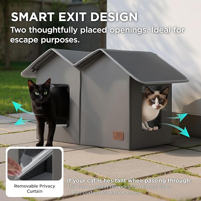 Bedsure Weatherproof Outdoor Cat House - Extra Wide Insulated Feral Cat Shelter with Raised Base in Winter, Waterproof Outside Pet Hideout for Stray Kitty, 22.5x12.5x13.25inches, Grey