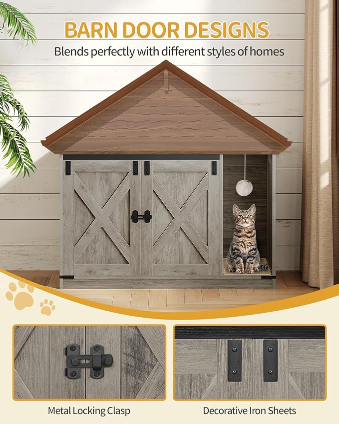 Cat Litter Box Enclosure, Hidden Litter Box Cabinet Furniture with Bell, Indoor Cats House, Farmhouse Style, 39.4 x 21.7X 24.8 Inches, for Hallway, Bedroom, Greige CB85205X