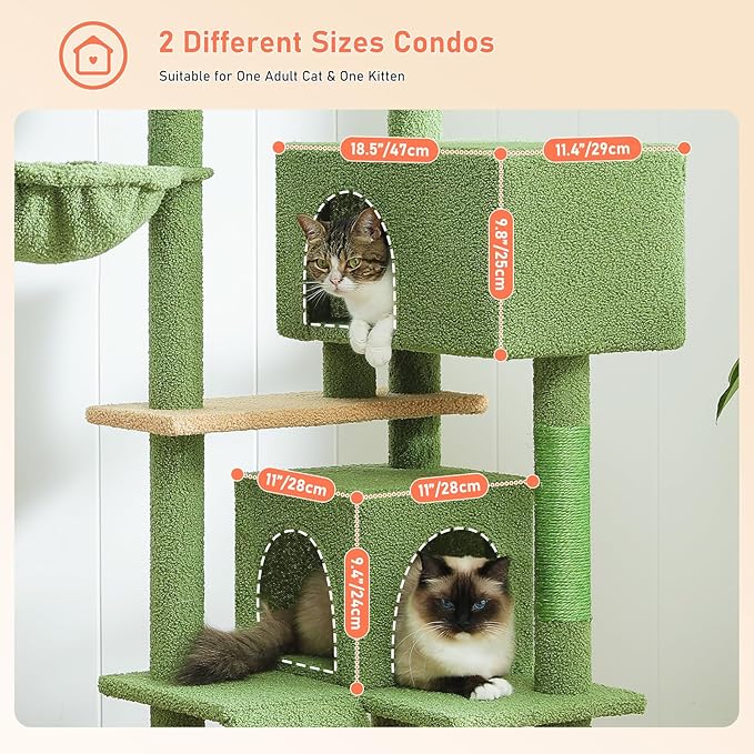 Cactus Cat Tree for Indoor Cats, 2 Cozy Condos with Spacious Top Perch, 56.3-Inch Multi-Level Cat Tower with Scratching Posts, 2 Caves, Plush Hammock and Climbing Ramp, Green