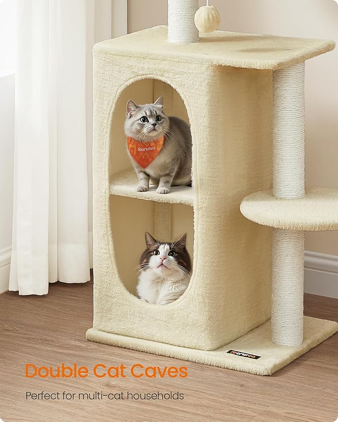 Feandrea Cat Tree, Small Cat Tower for Indoor Cats, Plush Cat Caves with Perch, Scratching Posts, for Small Spaces, Kittens, Sand Beige UPCT005Y01