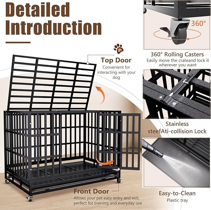 38 Inch Heavy Duty Dog Crate for Large Dogs,Upgraded Escape-Proof Kennel with Chew-Resistant Metal & Reinforced Base, Double Door Cage with Wheels & Removable Tray, Holds Up to 200lbs