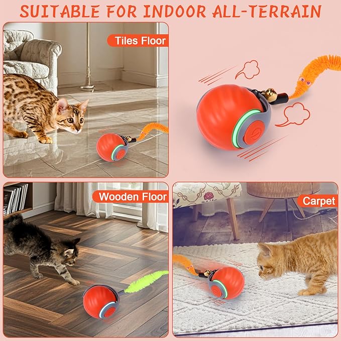 BABORUI Interactive Cat Toy Ball - Automatic Interactive Cat Toys for Indoor Cats with 3 Tails, 2 Speeds Rechargeable Enrichment Toys for Small/Medium/Large to Keep Them Busy (Orange)