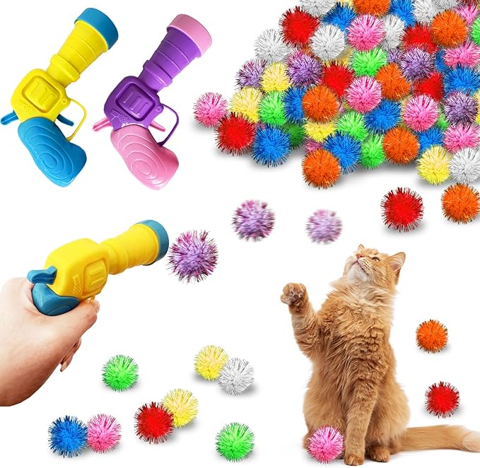 Cat Toy Balls with Launchers Set,2 Cat Toy Launchers & 100 Glitter Cat Pom Pom Balls,Cat Fetch Toy Interactive Cat Toy Balls for Kitty Gifts