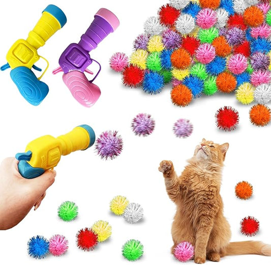 Cat Toy Balls with Launchers Set,2 Cat Toy Launchers & 100 Glitter Cat Pom Pom Balls,Cat Fetch Toy Interactive Cat Toy Balls for Kitty Gifts