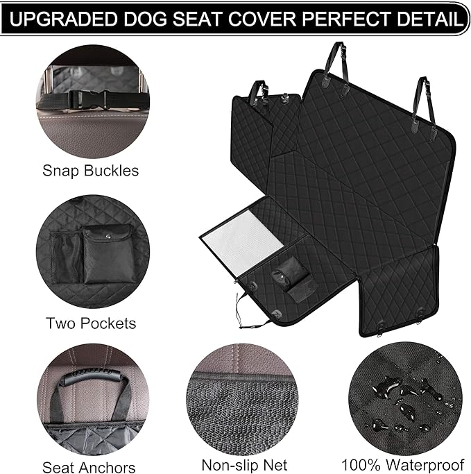 Femuar Dog Car Seat Cover with Storage Pockets Mesh Visual Window, Waterproof Nonslip , Heavy Duty Scratchproof Pet Dog Back Seat Cover Hammock for Cars Trucks and SUVs