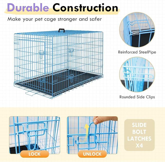 PayLessHere Small Dog Crate Kennel 24 inches Metal Dog Cage Double-Door Folding Travel Indoor Outdoor Puppy Playpen with Divider and Handle Plastic Tray,Blue