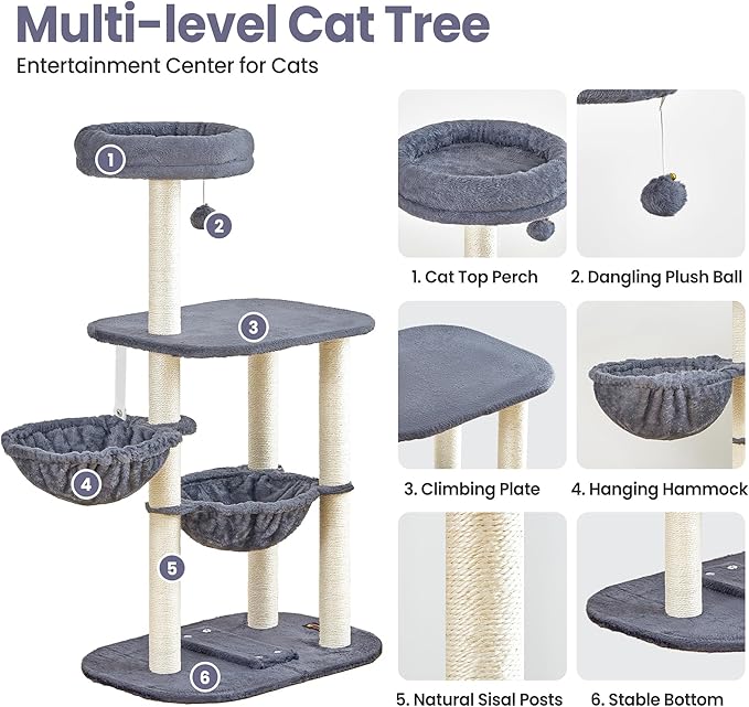 Cat Tree Tower for Indoor Cats Large Adult - 42 Inch Small Cats Condo Bed with Scratching Post Hammock Perch - Medium Multi Level Cat House for 2 Kitty Kitten - Grey Tall Climbing Towers Furniture
