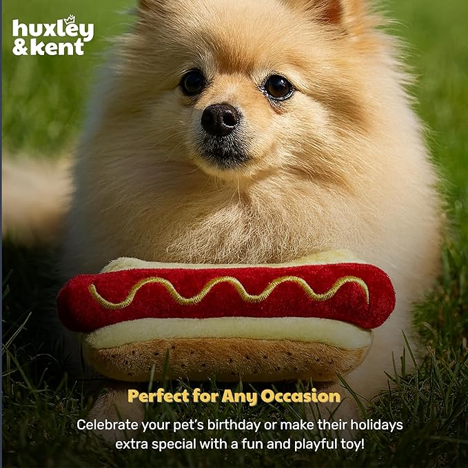 Huxley & Kent Funny Dog Toy w/Squeaker – Power Plush Squeaky Dog Toys for Small, Medium & Large Dogs – Soft Stuffed Animal for Indoor Play & Fetch - Haute Dog, Large