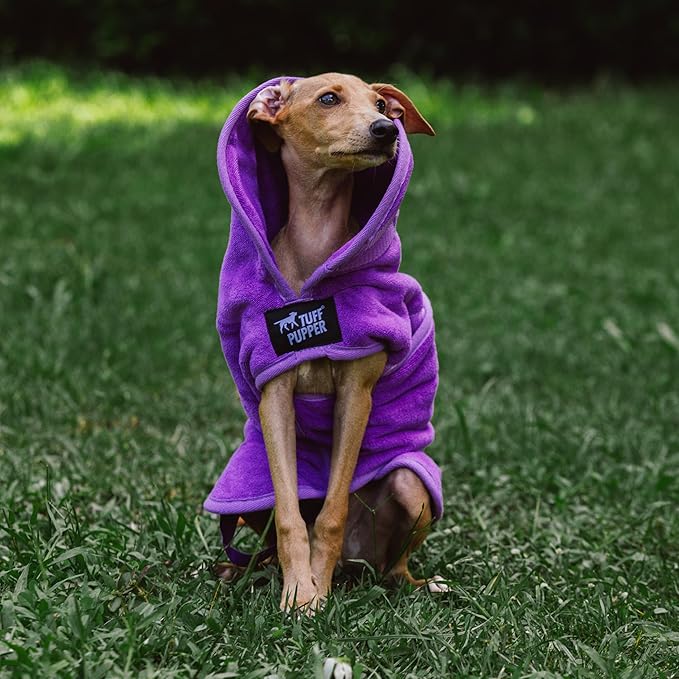 Tuff Pupper Fast Drying Dog Bath Robe | 800 GSM Plush Dog Towel Bathrobe/Dressing Gown | Super Absorbent Pet/Puppy Bathrobe | Adjustable Hood & Belly Strap | Super Soft | Fast Drying (XS, Purple)
