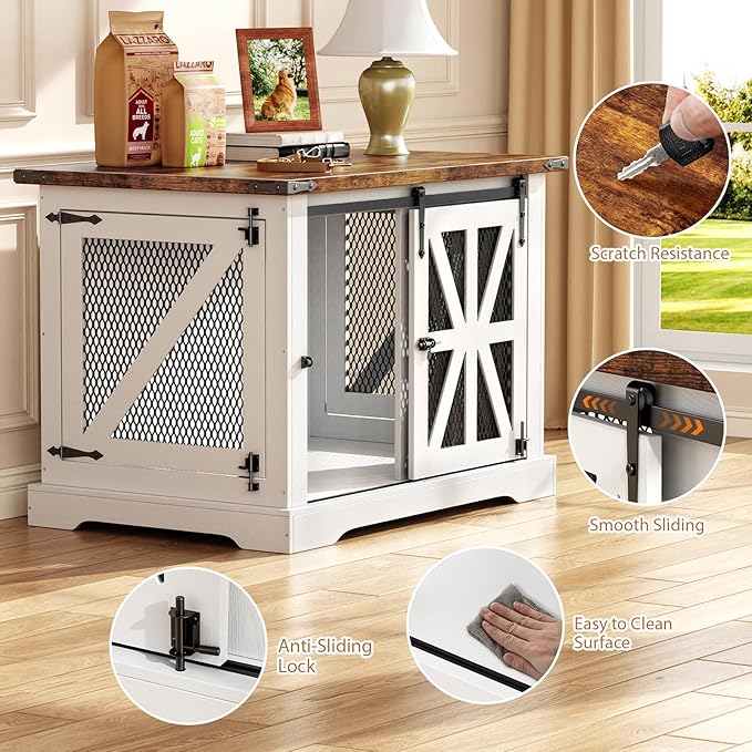 VOPEAK 43.3" XL Dog Crate Furniture, Chew Resistant Dog Crate for Medium Large Dogs, Heavy Duty Extra Large Dog Crate Dog Kennel Indoor with Double Doors, Wooden End Table for Living Room, White