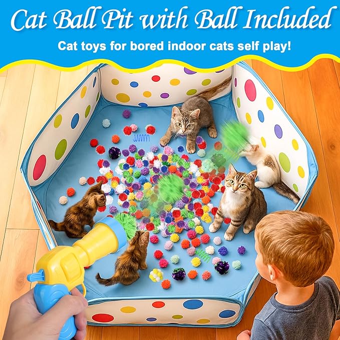 219PCS Cat Ball Pit with Balls, Interactive Toy for Indoor Bored Cats with Ball Launcher, Jingle Balls, Crinkle Balls, Springs, Pom Pom Balls, Cat Enrichment Toys, Kitten Toys for Self Playing