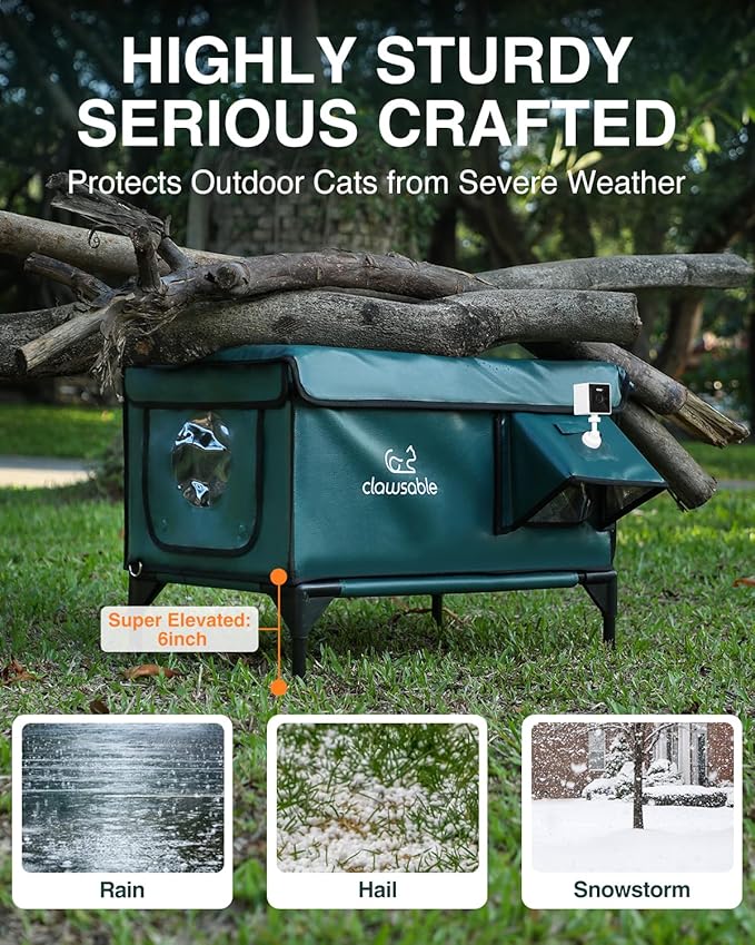 Indestructible Heated Cat House with Pet Camera for Outside Winter, 100% Waterproof, Escape Door, Insulated Outdoor Cat Shelter with Heater for Feral Barn Cat Kitty (Forest Green, 26"x16"x18")