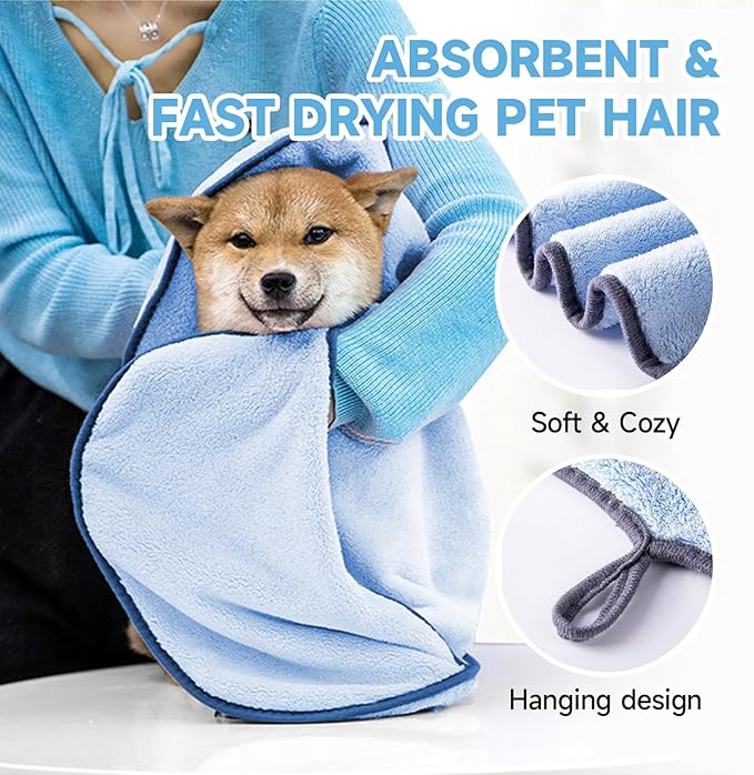 Dog Washing Gloves - Quick Drying Dog Towel,Cat Bath Grooming Gloves Brush with High-Density Teeth for Bathing Massaging，Absorbent Pet Bath Towel 30.3"x13.8" with Hand Pocket for Dog Cat Blue