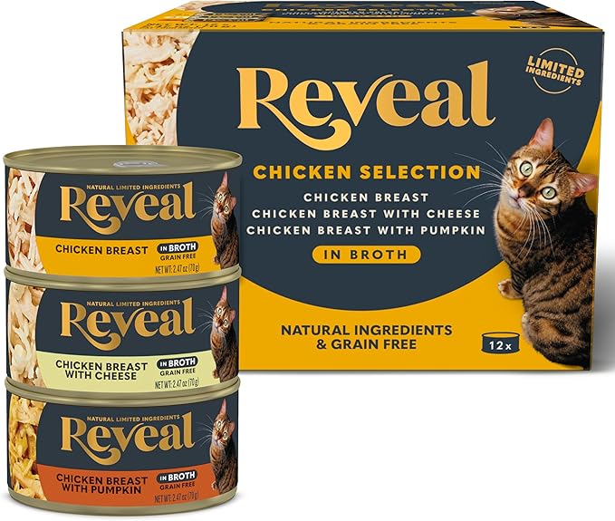 Reveal Natural Wet Cat Food, 12 Count, Grain Free, Limited Ingredient Canned Food for Cats, Chicken Variety in Broth, 2.47 oz Cans