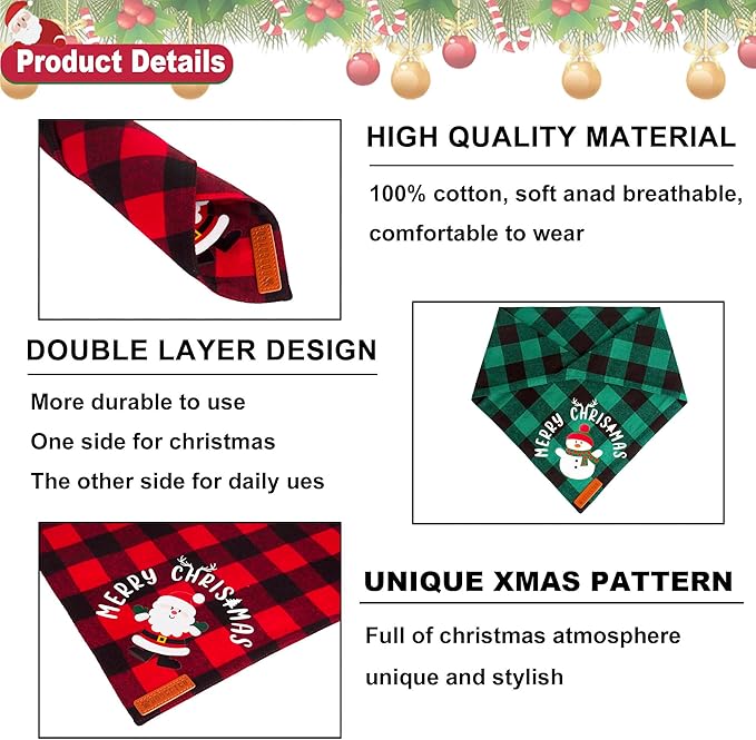 ADOGGYGO Christmas Dog Bandanas, Red Green Plaid Pet Scarf, Premium Cotton Fabric, Xmas Santa Snowman Christmas Bandanas for Medium Large Dogs Pets (Large)
