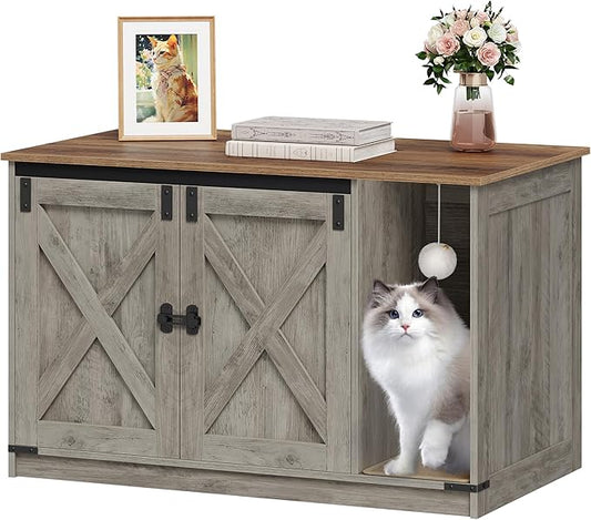 Cat Litter Box Enclosure, Hidden Litter Box Cabinet Furniture with Bell, Indoor Cats House, Farmhouse Style, 39.4 x 21.7X 24.8 Inches, for Hallway, Bedroom, Greige CB85205X
