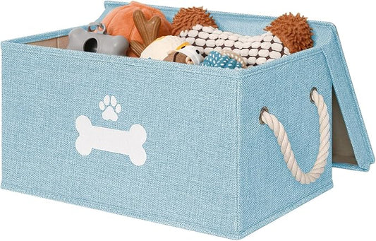 Dog Toy Basket with Lid, Dog Basket for Toys, Dog Toy Box with Cotton Rope Handles, Collapsible Storage Bins for Dog Toys, Dogs Storage Organizer, Blue
