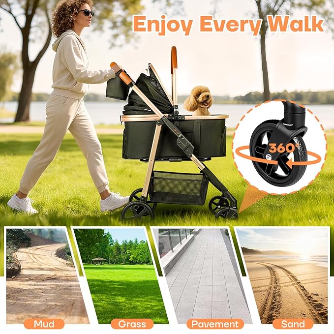 Dog Cat Stroller for Small/Medium Pets up to 50 lbs, 3-in-1 Foldable Pet Stroller with Detachable Carrier, Car Seat, Storage Basket, Cup Holder, Hanging Bag, Rain Cover, All-Terrain 4 Wheels (Black)