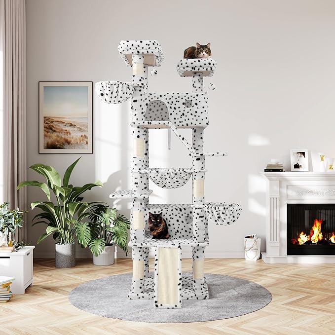 MUTICOR 81 inches Multi-Level Tall Cat Tree Tower for Indoor Kitties/Large Climbing Tree House for Big Feline/Condo/Sisal Scratching Posts/Plush Perches Platforms/Basket Hammock/White & Black Spot