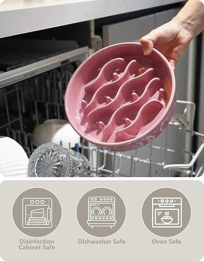 Ceramic Slow Feeder Dog Bowls for Medium and Large Dogs, 2.0 Cups Dog Slow Feeder for Fast Eater, 30oz, 8in, Salmon Pink