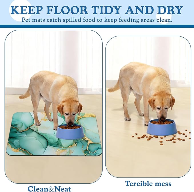 Green Marble Pet Feeding Mat for Floors–Absorbent Quick Dry Dog Cat Bowl Mat for Food and Water, Non Slip Waterproof Base, Mess-Free Feeding Accessories 16"x24"