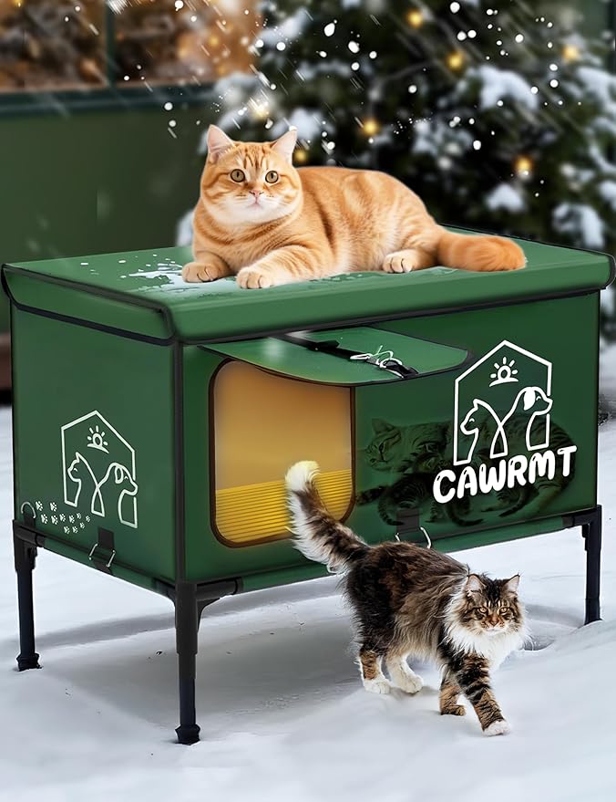 X-Large Heated Cat House for Outdoor Winter, Full-Coverage Cat House Heater, Indestructible 100% Waterproof Insulated Outside Cat Shelter for Feral Barn Cat Protection (Green, 27x18x20)