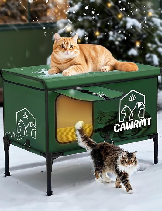 X-Large Heated Cat House for Outdoor Winter, Full-Coverage Cat House Heater, Indestructible 100% Waterproof Insulated Outside Cat Shelter for Feral Barn Cat Protection (Green, 27x18x20)