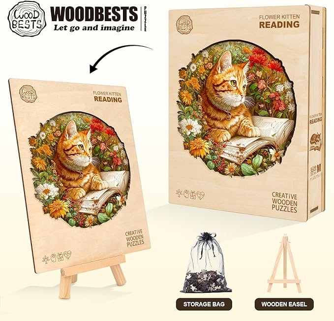 KAAYEE Wooden Puzzles for Adults, Flower Kitten Reading Puzzles, 280 Piece Unique Animal Shape Puzzle, Cat Wood Puzzle for Adults, Creative Gifts for Cat Lover/Friends/Family(13.4 * 13.4in)