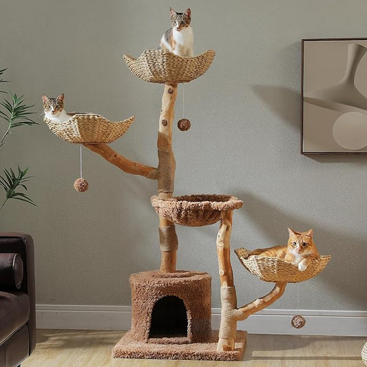 59" Cat Tree Tower with Real Solid Wood Natural Branch, Modern Cat Tree for Large Cats w/3 Handwoven Wicker Baskets- Luxury Boho Cat Furniture w/Condo & Soft Hammock, Scratching Post, Brown