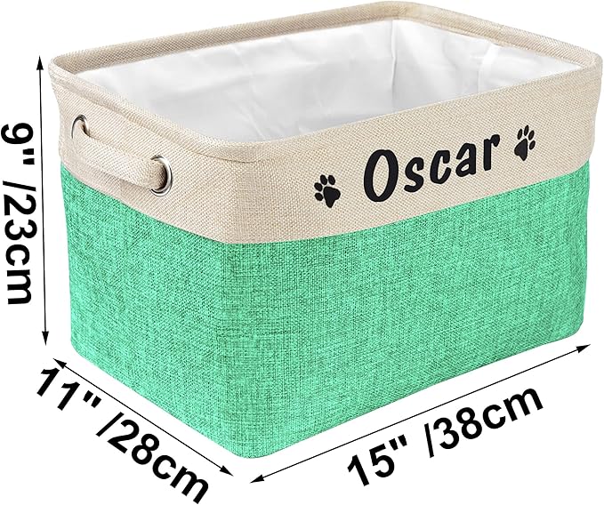 PET ARTIST Collapsible Dog Toy Storage Basket Bin with Personalized Pet's Name - Rectangular Storage Box Chest Organizer for Dog Toys,Dog Clothing,Dog Apparel & Accessories-Green